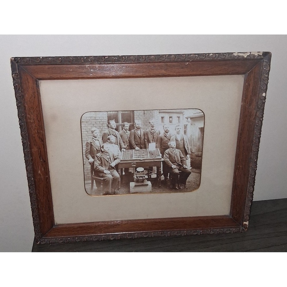 Antique Framed Sepia Group Portrait Photograph Men Victorian Wood Frame 16.25x14